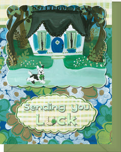 Sending You Luck Greeting Card - Blank Inside - House, Dog & Four Leaf Clovers
