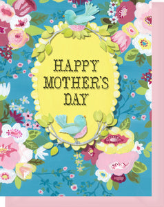 Happy Mother's Day Greeting Card - Blank Inside - Blue, Pink Flowers with Birds