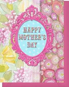 Mother's Day Card - Blank Inside - Pink Frame with Pink Dhalias & Ranunculus