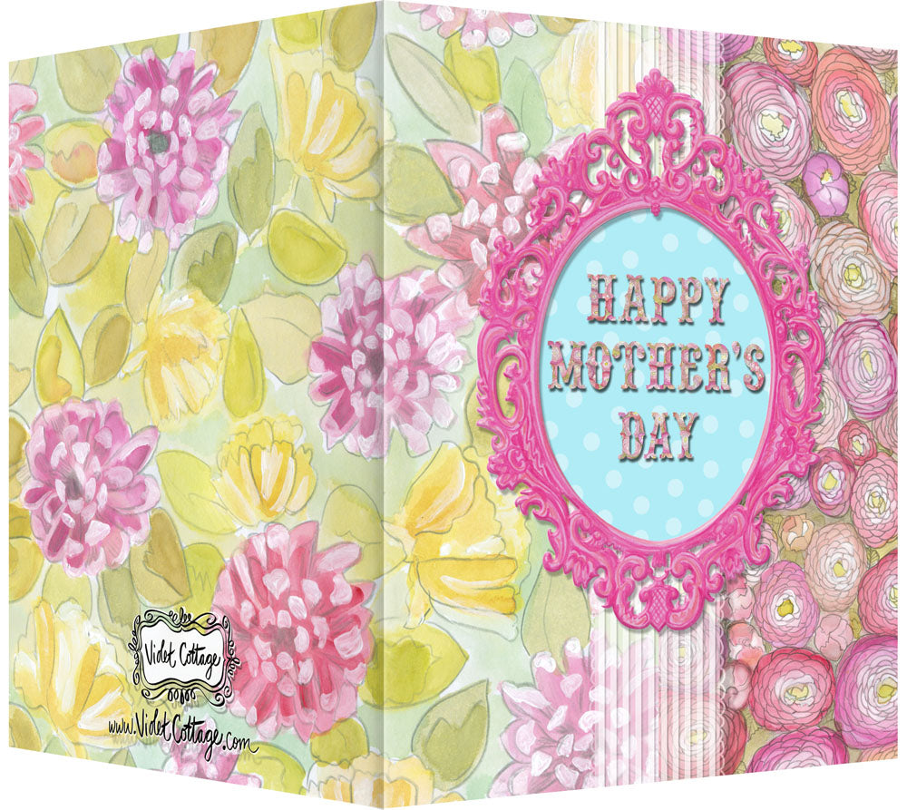 Mother's Day Card - Blank Inside - Pink Frame with Pink Dhalias & Ranunculus