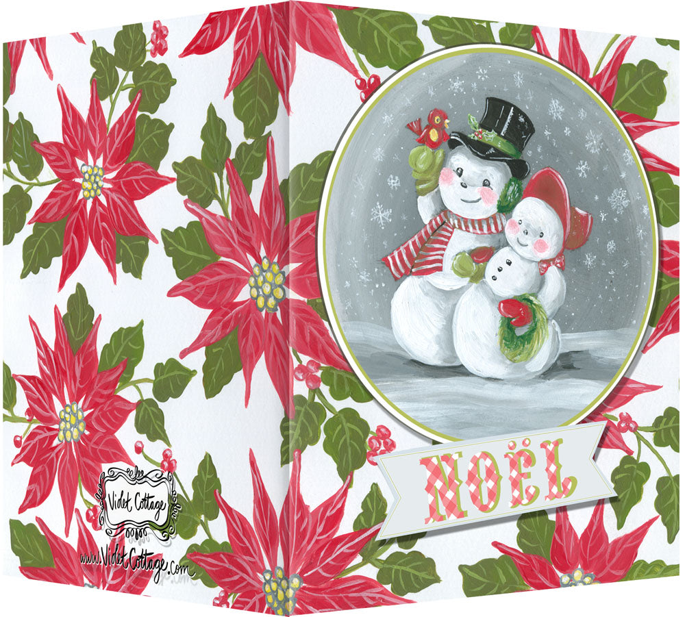 Noel Snowman & Snowlady with Poinsettias Greeting Card - Season's Greetings...