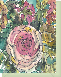Watercolor Pink & Yellow Roses with Turquoise Green - Blank Notecard