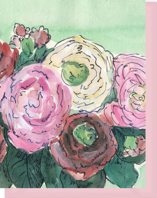 Watercolor Pink, Red & Yellow Roses - Blank Notecard