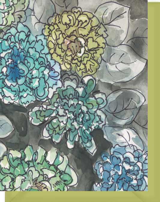 Watercolor Ocean Color Mums with Gray & Black Leaves - Blank Notecard
