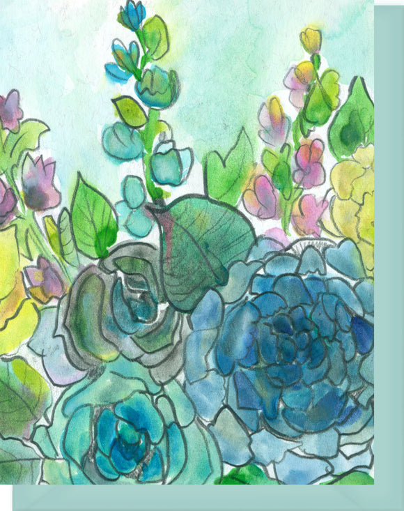Watercolor Roses & Hollyhocks - Blank Notecard