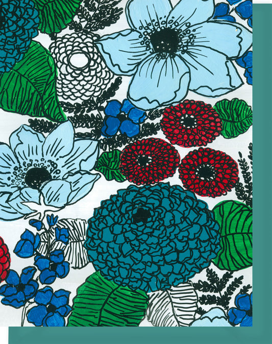 Red, Blue & Turquoise Floral Design - Blank Notecard