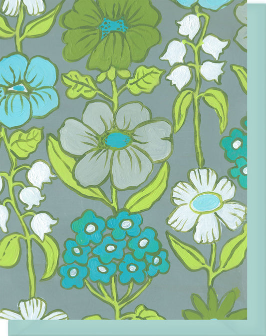 Blue, Turquoise, Green & Gray Floral Design - Blank Notecard