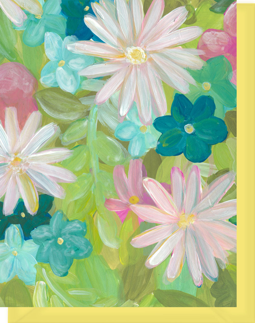 Pink, Green, Yellow, Turquoise Daisy Floral Design - Blank Notecard