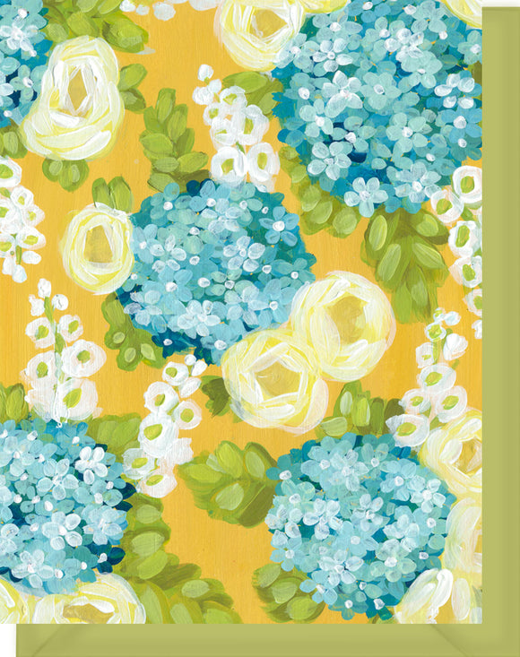 Golden Yellow, Turquoise & White Hollyhock Floral Design - Blank Notecard