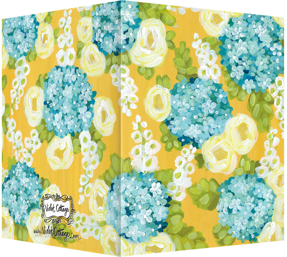 Golden Yellow, Turquoise & White Hollyhock Floral Design - Blank Notecard
