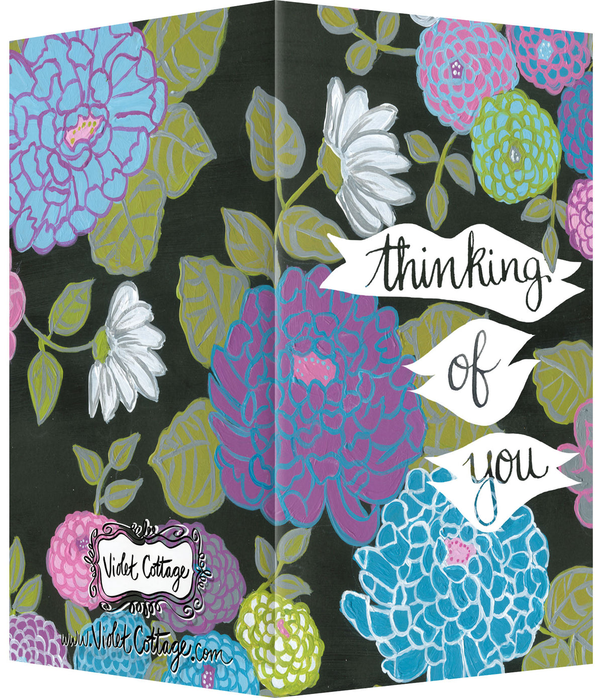 Small Enclosure Card - Thinking of You Flowers Black Background