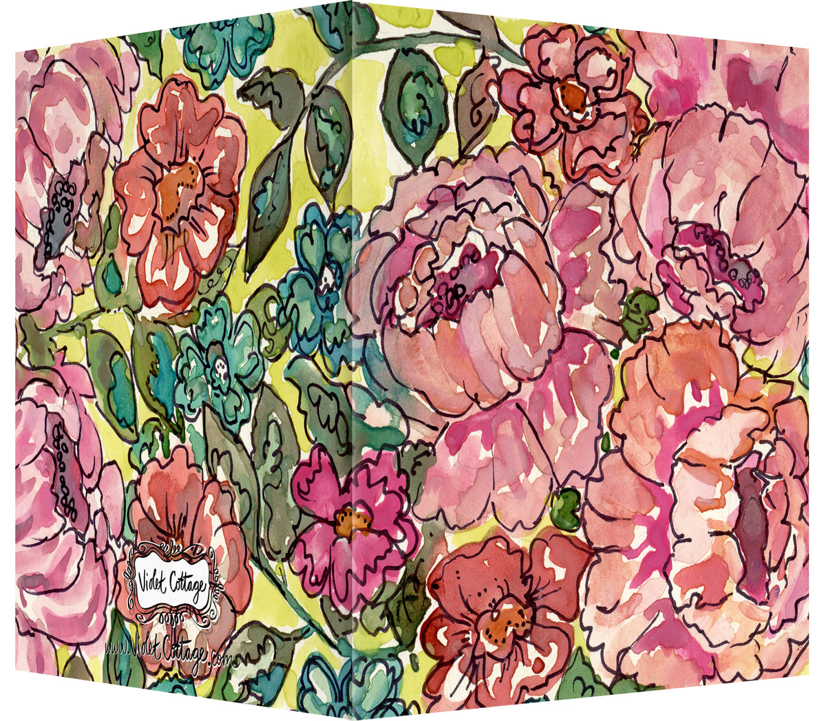 Watercolor Cabbage Roses Pink & Turquoise - Blank Inside Notecard