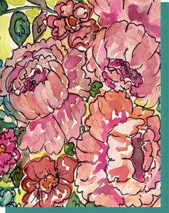 Watercolor Cabbage Roses Pink & Turquoise - Blank Inside Notecard